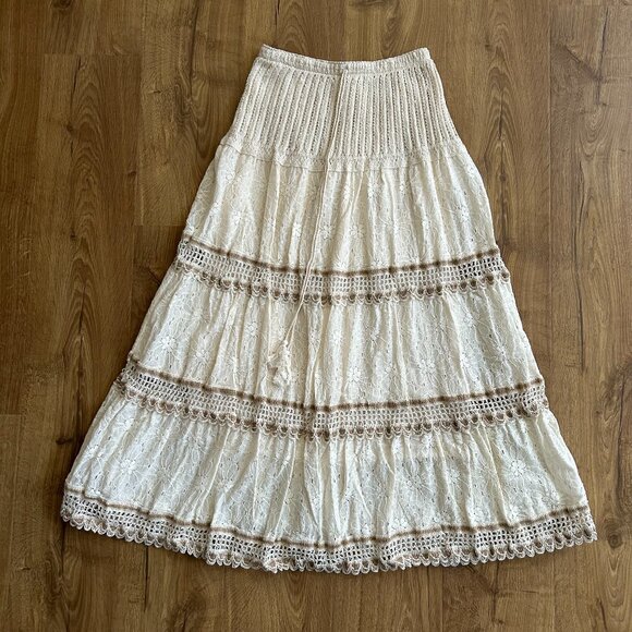 Lemon Brand Cream Layered Boho Maxi Skirt Women’s Flowy Tiered Long Skirt Size L - Picture 1 of 8
